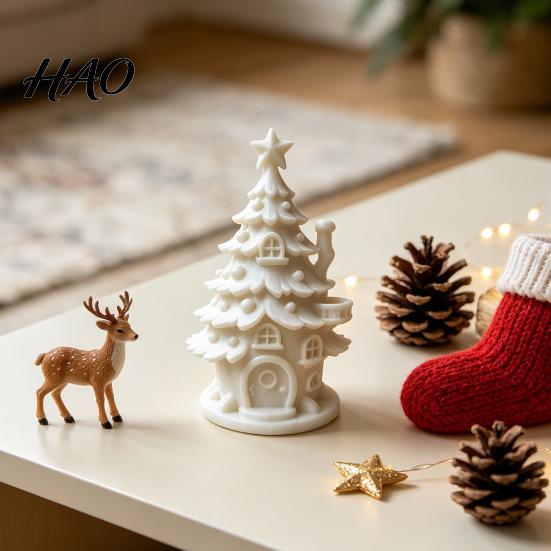 DIY Coloring Christmas Ornaments 3D Printed Tree House Kit, White Primer Miniature Model Window Display for Painting, Holiday Decor Craft Kids, Micro
