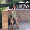 Pure desire green neck ruffle leaf edge dress women's summer new niche design feeling waist and thin fairy short skirt
