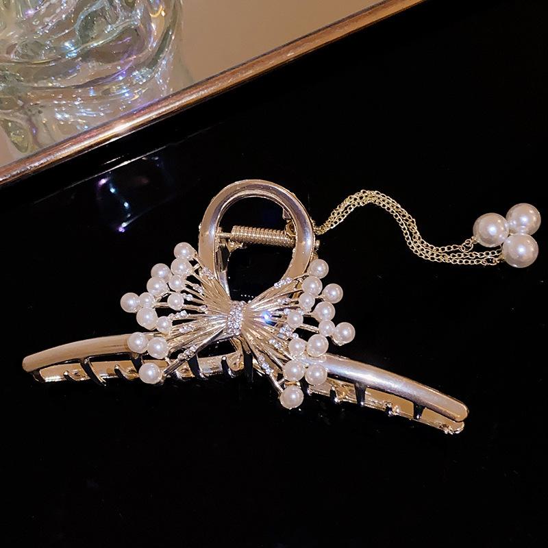French retro pearl flower bow small grab clip simple bangs broken hair shark hairpin sweet temperament hair accessories