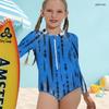 Girls High Neck Long Sleeve Front Zip One Piece Geometric Printed Swimsuit Black White Khaki