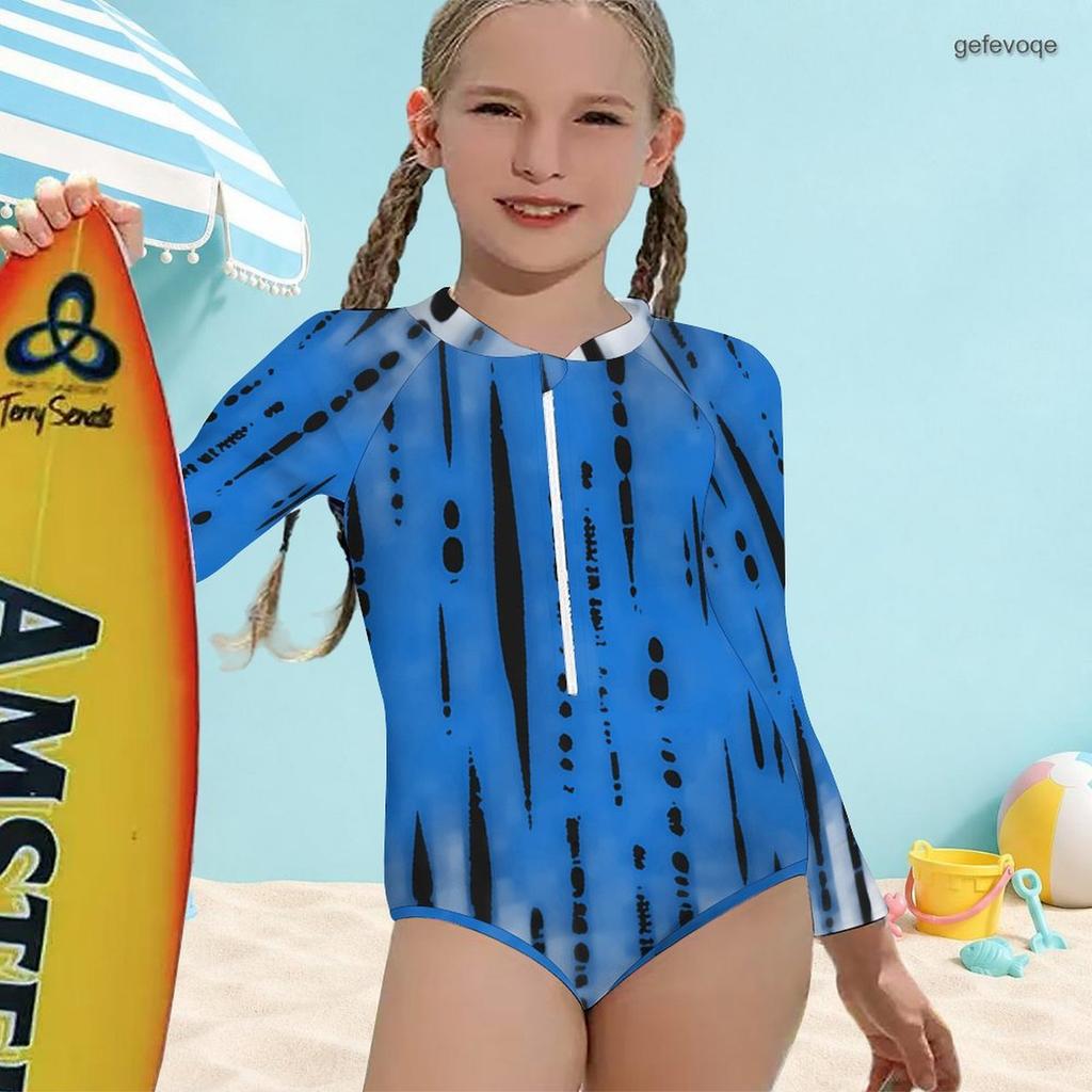 Girls High Neck Long Sleeve Front Zip One Piece Geometric Printed Swimsuit Black White Khaki