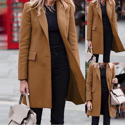 Women's Fashion Casual Loose Medium Long Breasted Solid Color Woolen Coat