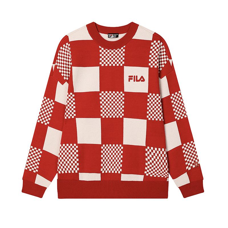 FILA Original Checkered Fashion Warm Pullover Knit Sweater Unisex sweater Water-Red F51M519402FRD