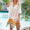 Beachwear Dress Women Bikini Cover Up V-Neck Drop-shoulder Sleeves Hollow Side Split Color Block Crochet Swimsuit Cover-ups