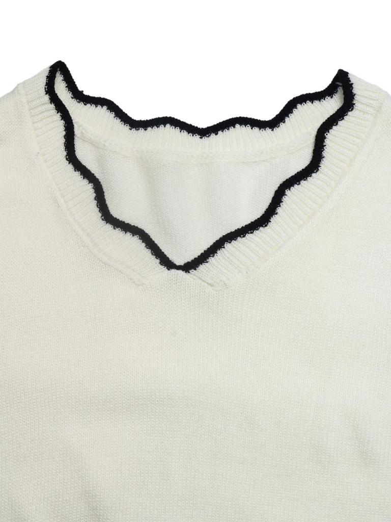 2026 Fall/Winter Color Block V-Neck Knit Sweater - Casual Wave Edge Short Wool Top