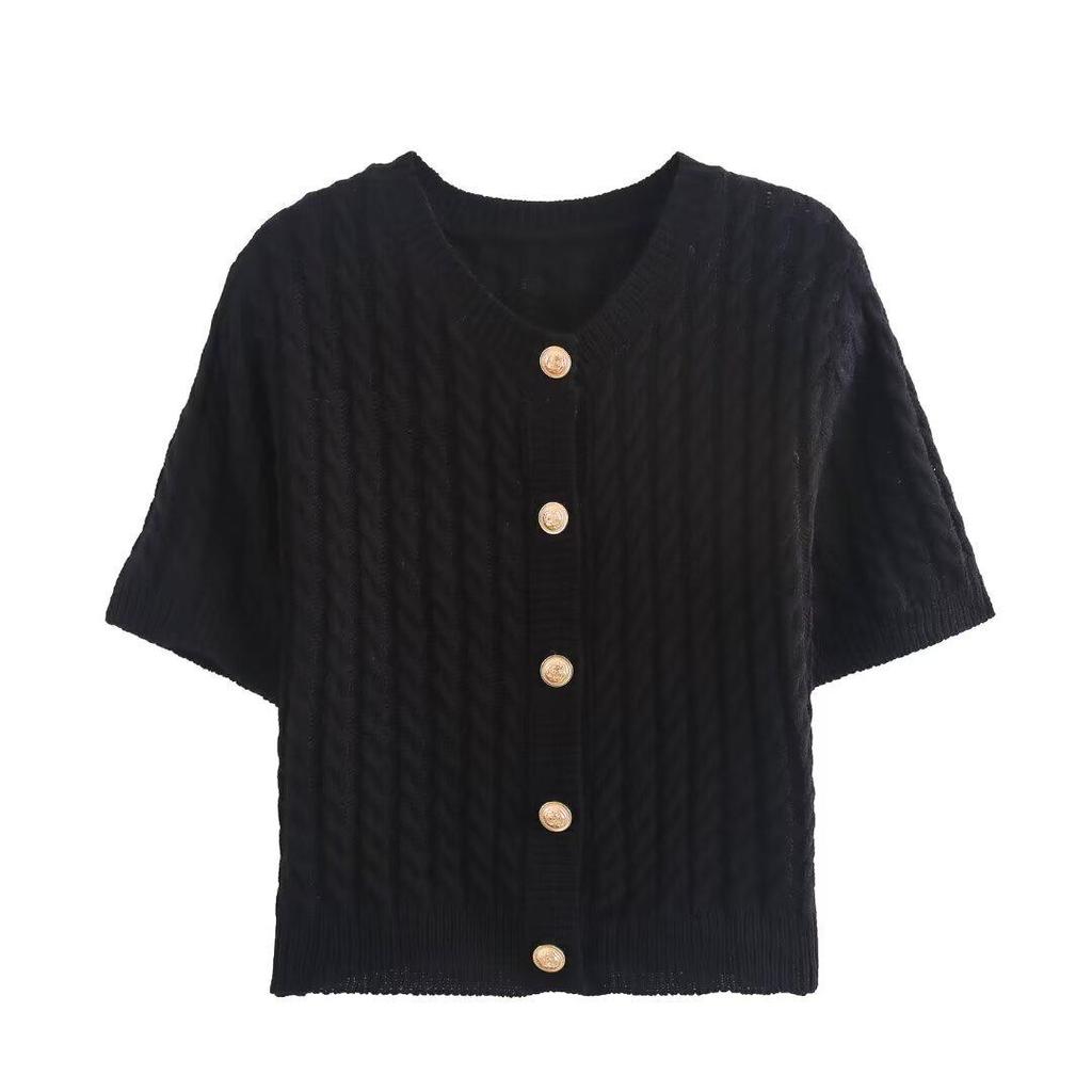 Versatile V-Neck Short-Sleeve Cable Knit Sweater for Women