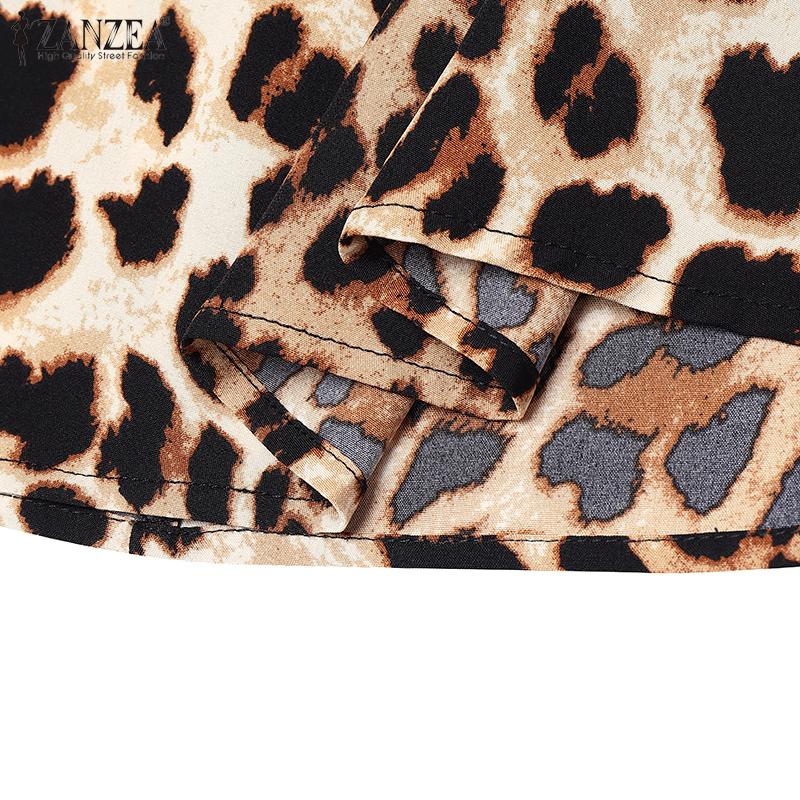 ZANZEA Women Casual Playful Leopard Print Front Tie Puff Sleeve Mini Dress