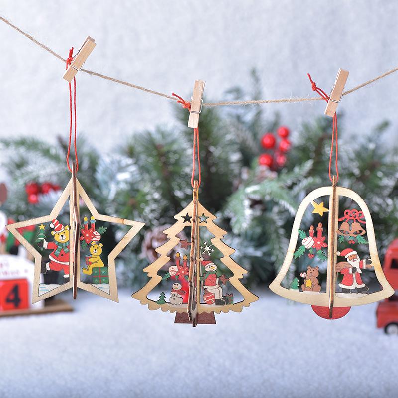 Wooden Christmas Tree Ornaments Hollow 3D Snowflake Bell Star Hanging Pendants For Home Xmas Holiday Party Decor Supplies