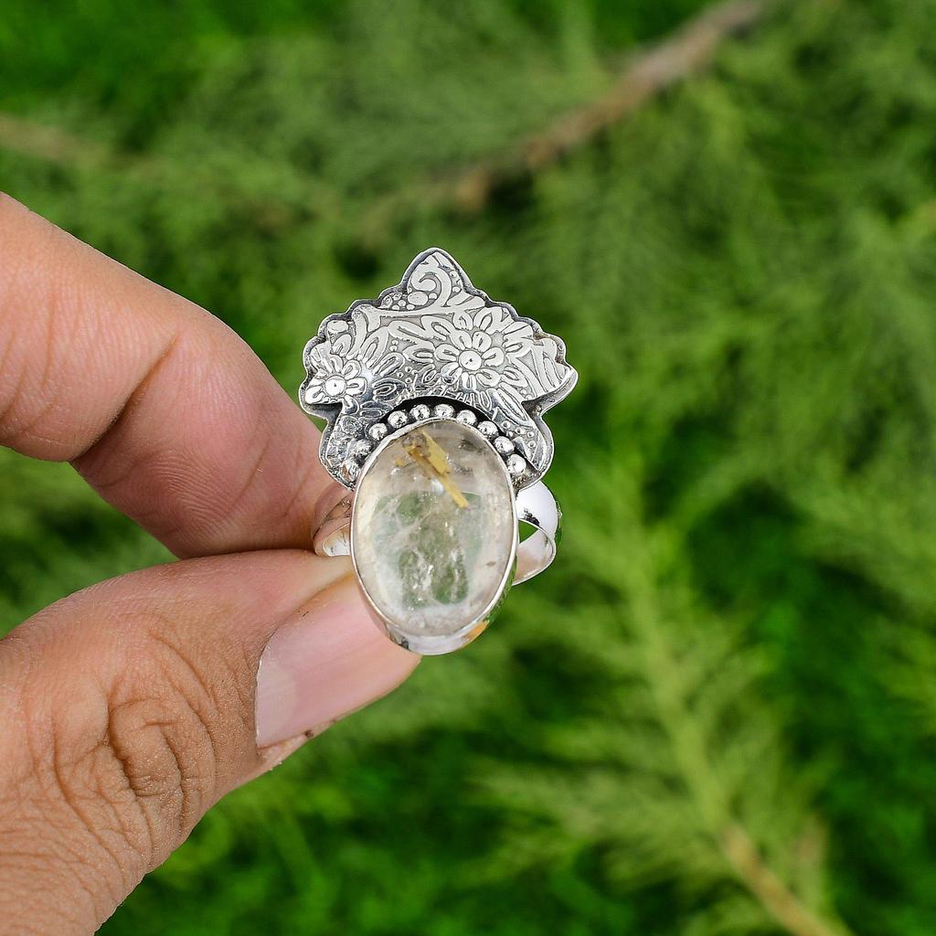 Oval Golden Rutile Stone 925 Silver Unique Bezel Anniversary Promise Mother Ring