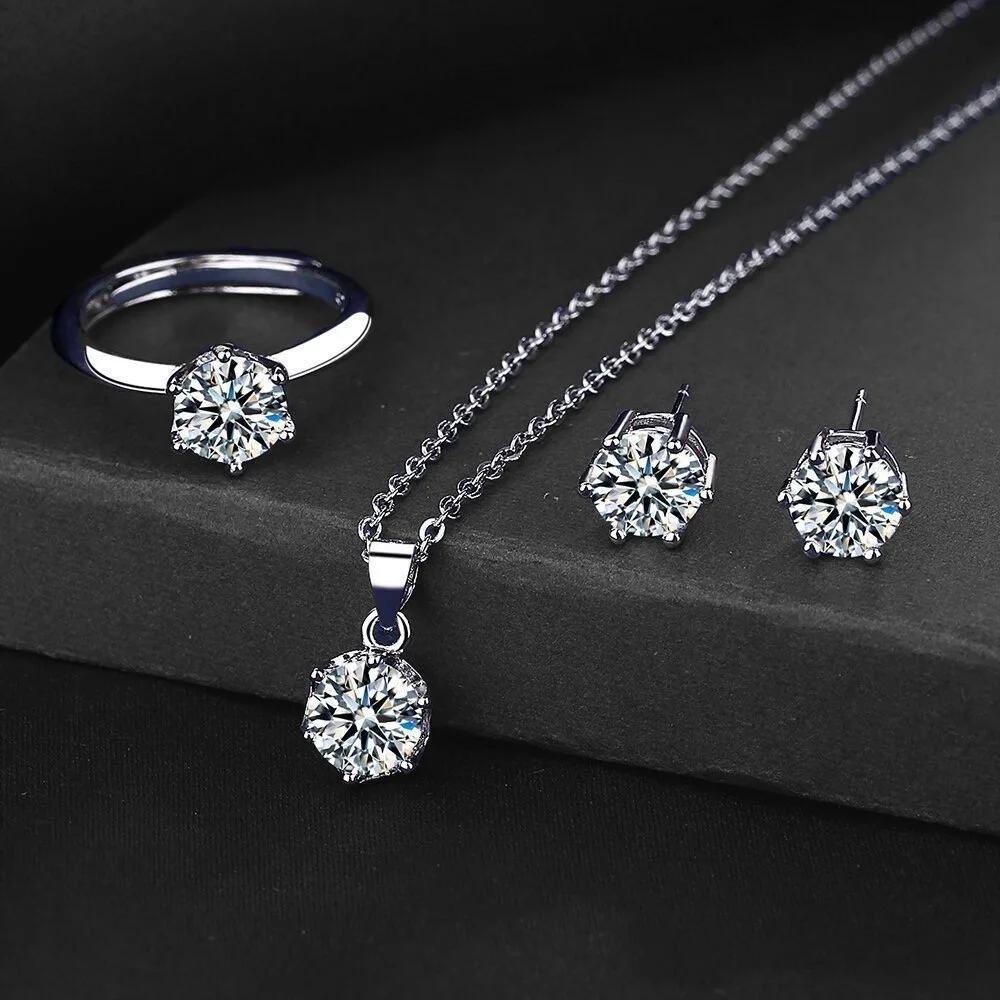 925 Sterling copper Engagement Zircon Set for Women Simple Fashionable AAAAA Zircon Necklace Earrings Ring Combo