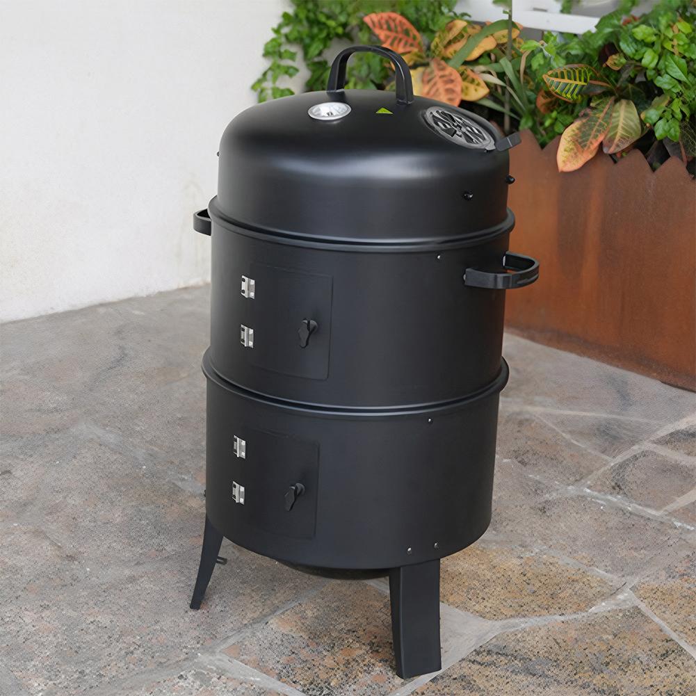 Afumător Vertical pe Cărbune cu Orificiu de Aerisire Grătar Afumător BBQ 2 Uși de Acces 3-în-1 Portabil Vertical Grătar Cazan pentru Petrecere Camping