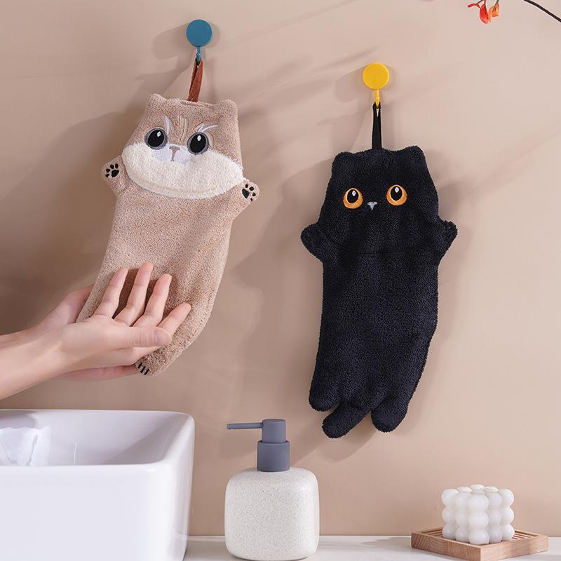 Soft Cartoon Cat Hand Towel Black Cat Hanging Towels Quick Drying Kitchen Bathroom Wipe Towel Absorption Cleaning Towels
