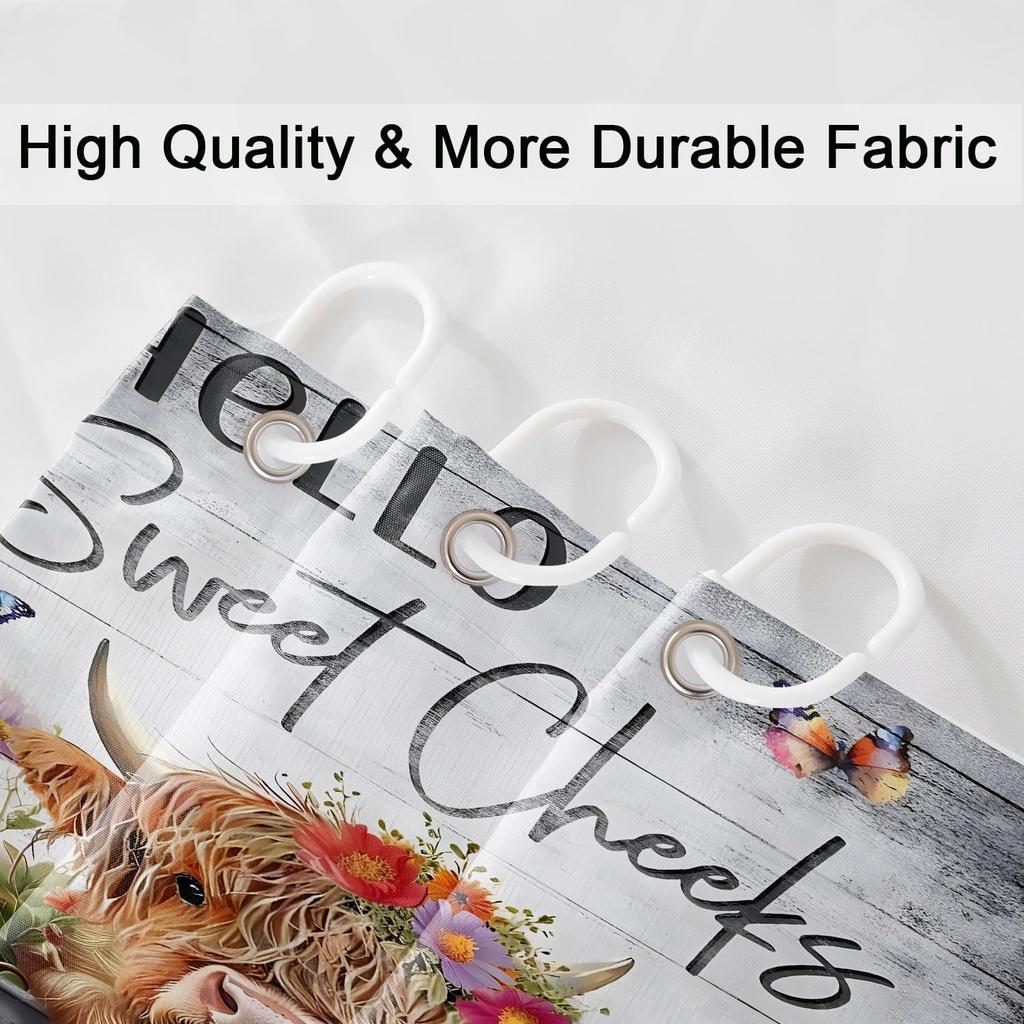 Farmhouse Highland Cow Shower Curtain 60Wx72L Inch Cute Calf Funny Bull Country Cattle Rustic Hello Sweet Cheeks Wooden Farm Red