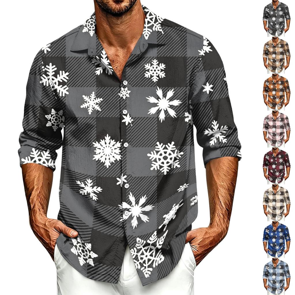 Men's Casual Long Sleeve Button Down Shirt with Christmas Print for Fall and Winter