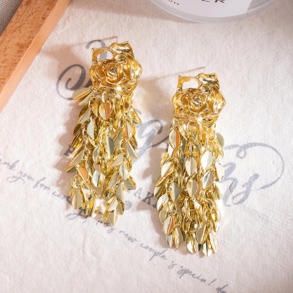 Retro Gold Rose Fringed Earrings Cold Wind Temperament Fashion Versatile Earrings