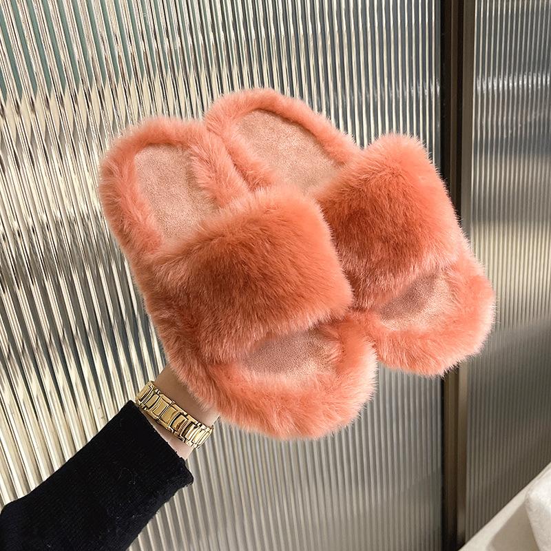 Mao Mao slippers women's outer wear 2025 new Korean version of rabbit fur shoes autumn and winter household one-word flat-bottomed home cotton slip