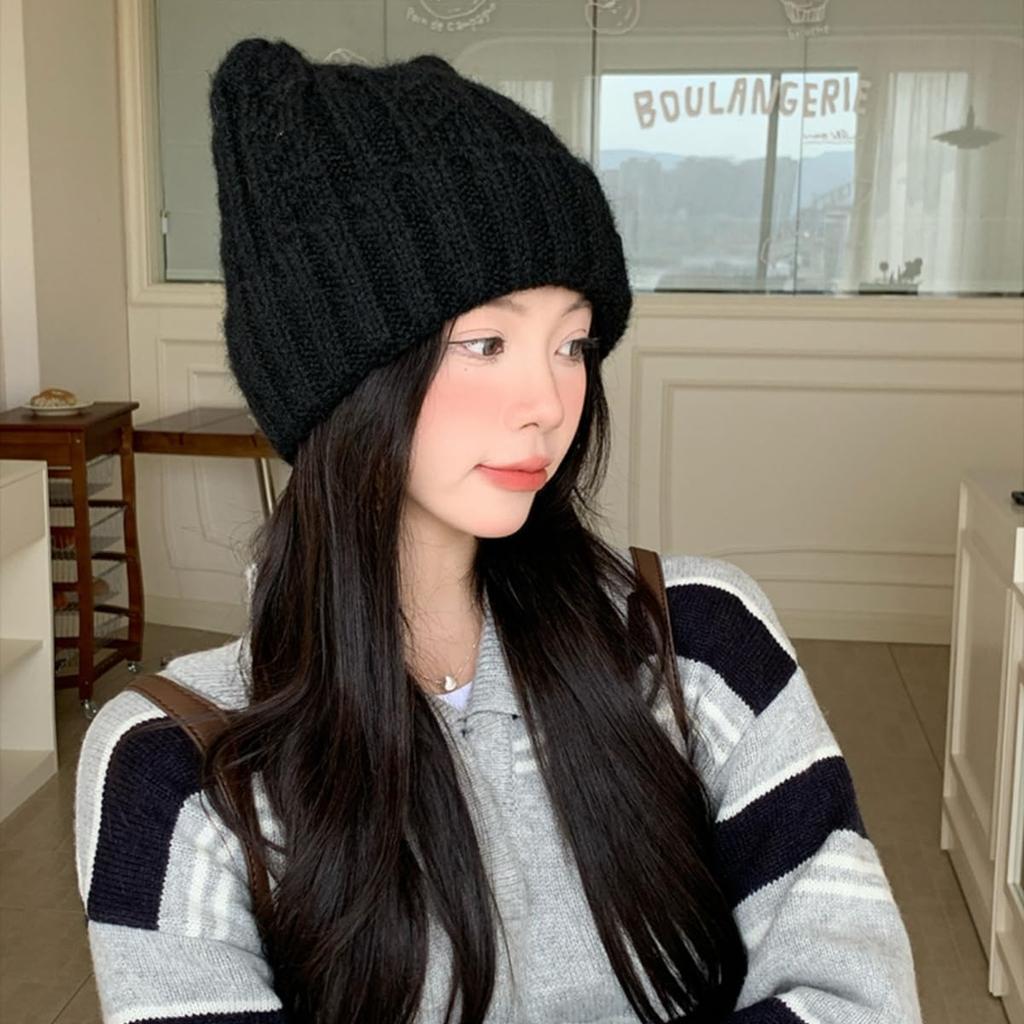 Qzkouma Thick Knit Cat Ear Beanie with Brushed Slimming Perfect for Fall and Warm and Women's Lining, Double-Layered Warmth, Face, Winter, Cute,