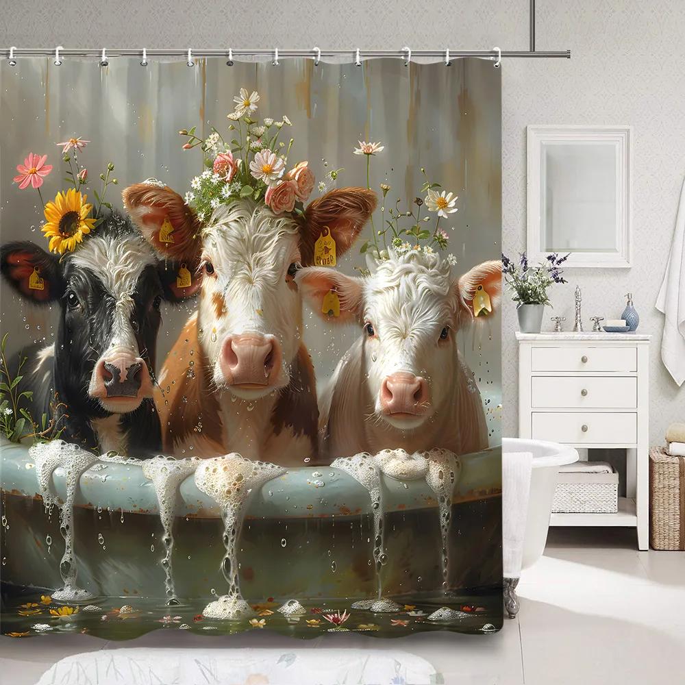 Cute Pig In Bathtub Bath Curtain for Kids Funny Cartoon Animals Rustic Wooden Plank Polyester Fabric Bath Curtain Bathroom Decor