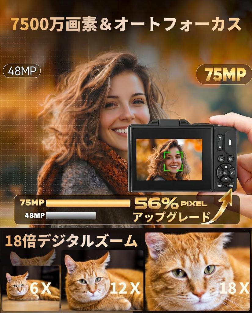 CHEBINRY Digital Camera 5K WiFi Enabled 75MP Rotating Screen Autofocus Large Screen 18x Zoom Webcam Multiple Filters 32GB MicroSD Card Included