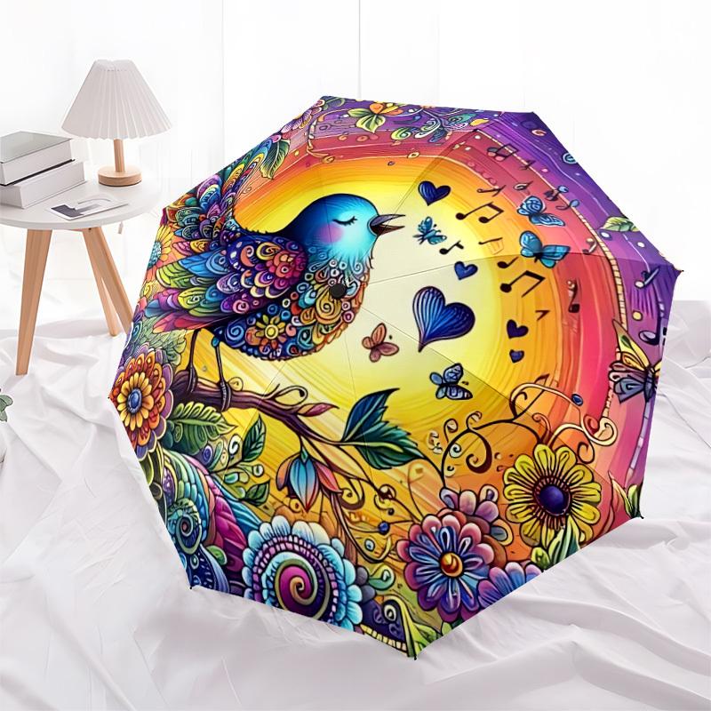 1pc Colorful Bird Illustration Folding Umbrella | Elegant Design, Fashionable Accessory, Durable Construction, Sturdy Ribs yy251107045