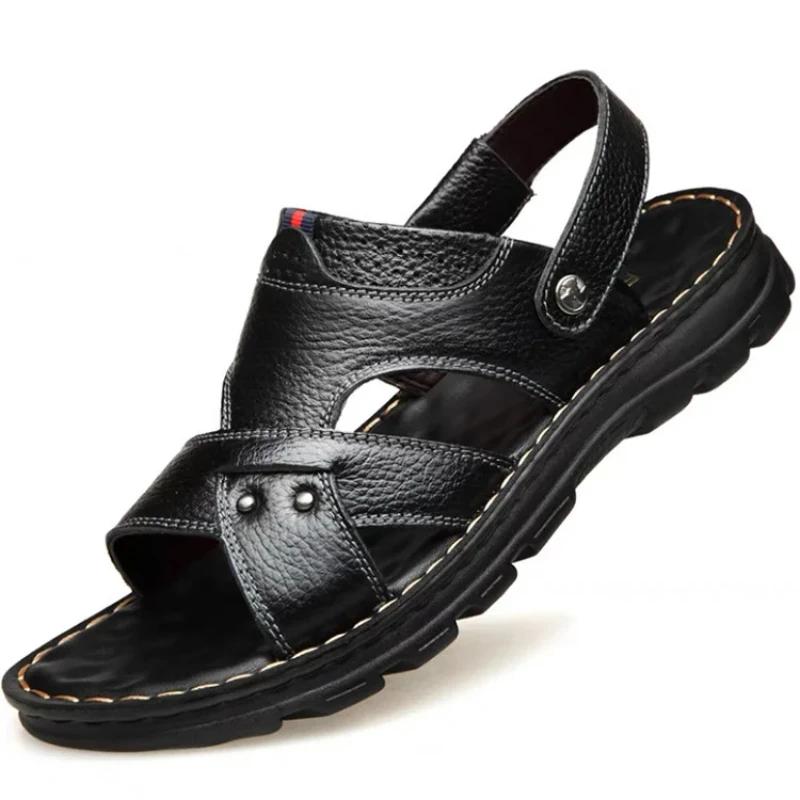 Summer New Men's Leather Sandals, Leather Anti Slip Men's Shoes Slippers, Outdoor Thick Soled Beach Shoes Men's Shoes Sandals