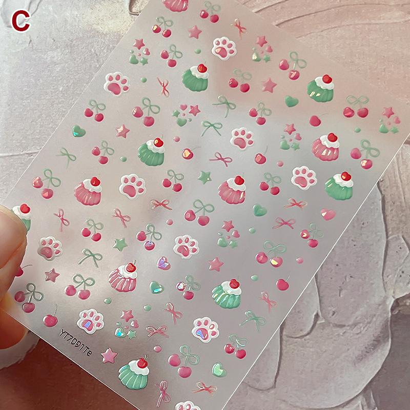 Fresh Sweet Fruits Strawberry Cherry Bowknot Love Heart Bow 5D Nail Art Stickers Self Adhesive Decorations Nail Manicure Decal