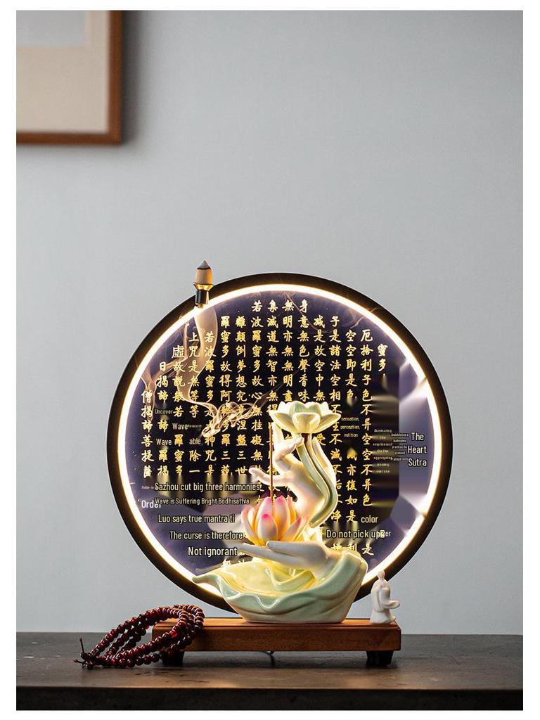 Zen Buddha Hand Ceramic Backflow Incense Burner with Light Ring and Heart Sutra Ornament for Indoor Decor
