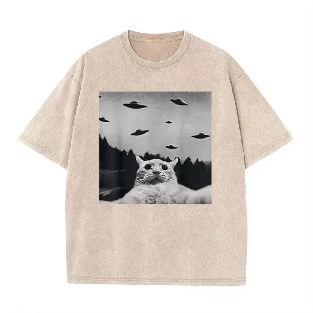 Retro Acid Wash Oversized T-Shirt Seltsame Katze Fliegende Untertasse Vintage Grafik Lässig Herren Damen Sommer Oberteile