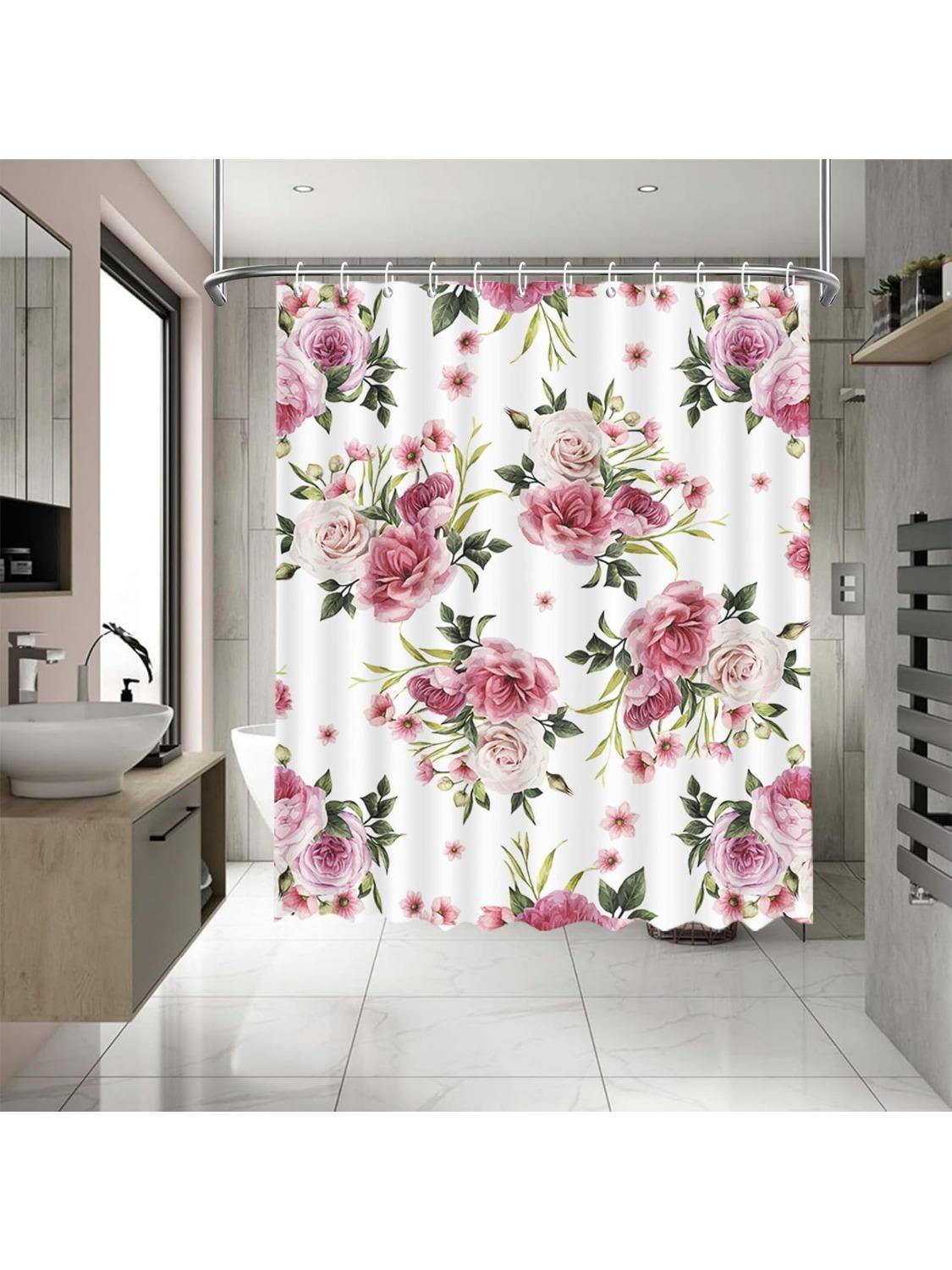 

Vintage Floral Shower Curtain Home Decor Pink Rose Shower Curtains For Bathroom Plant Green Leaves Polyester Fabric Waterproof W60H190(CM)-1 Pcs