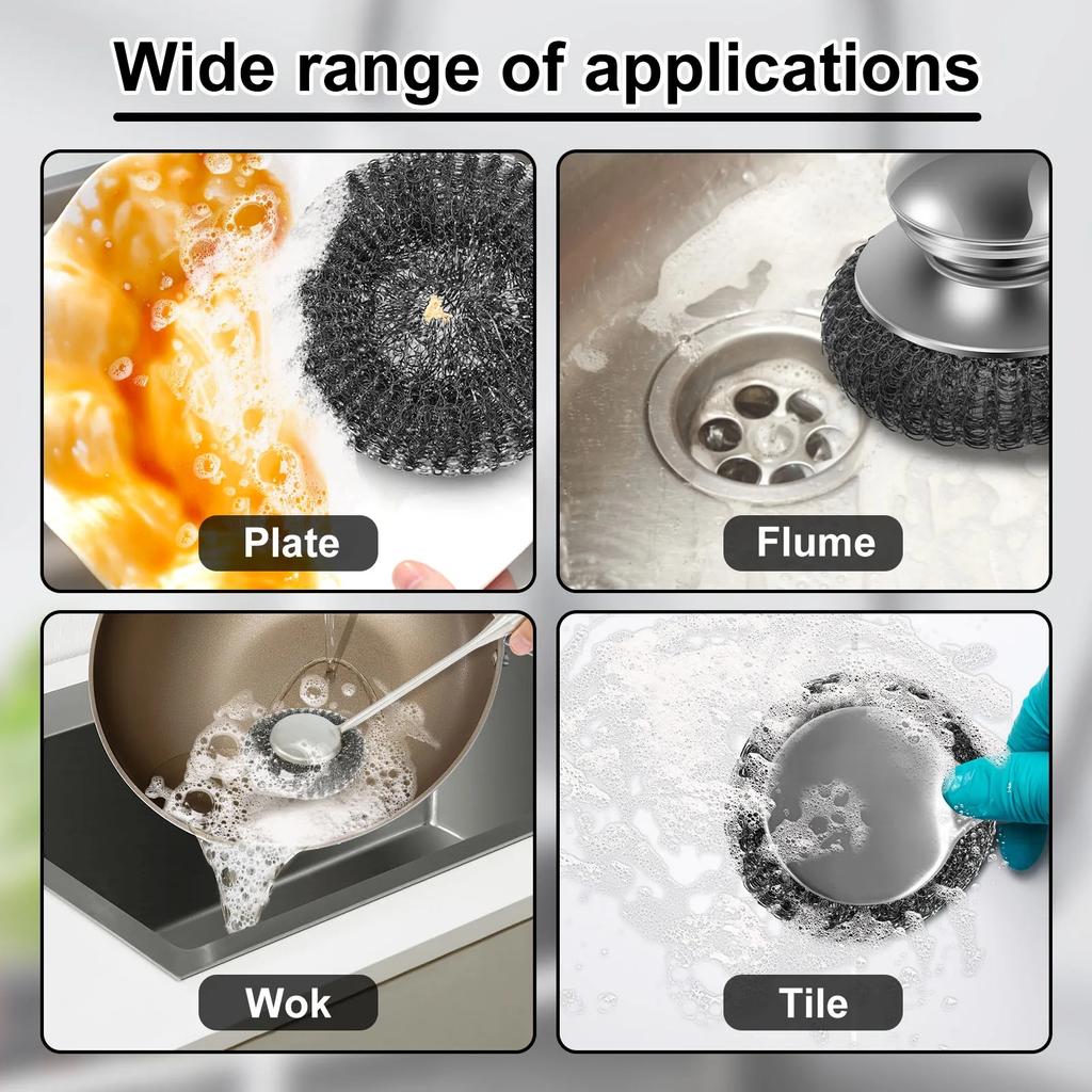 Steel Wool Scrubber with Handle & Replacement Stainless Wire Metal Sponge, for Cleaning Dishes Pan Cast Iron Pot and Kitchenware