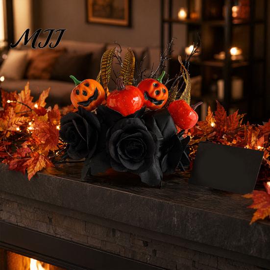 Black And Orange Bouquet Halloween Flowers Decorations, Artificial with Pumpkin Rose Eucalyptus Maple Leaf Autumn Harvest Floral Stems, Indoor