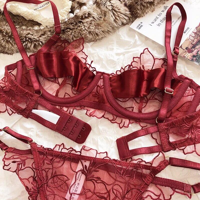 French Underwear Set Sexy Lace Flowers Embroidery Bra Set Women Intimates Summer Ultra Thin Breathable Bralette Lingerie Panties