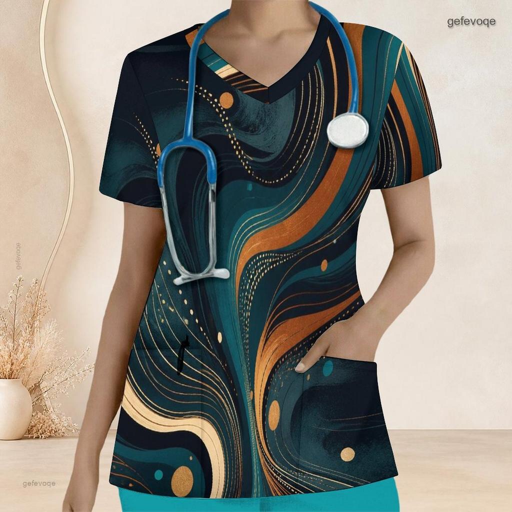 Women Plus Size Nurse Scrub Top V Neck Short Sleeve Black Gold Marble Print Front Pockets