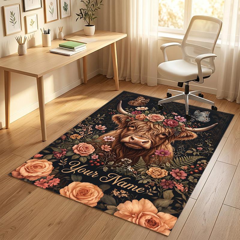 Cow Highland Theme Crystal Velvet Rug Personalized Custom Name Text Soft Floor Mat Home Decor