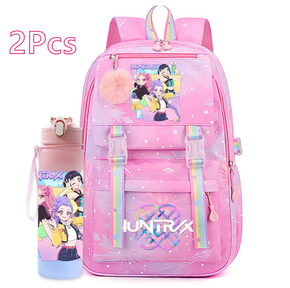2Pcs/set Cartoon Kpop Printed Backpack with 750Ml Water Bottler for Teenager Girl Boy Bookbag Kid Gift Large Capacity Travel Bag Mochila