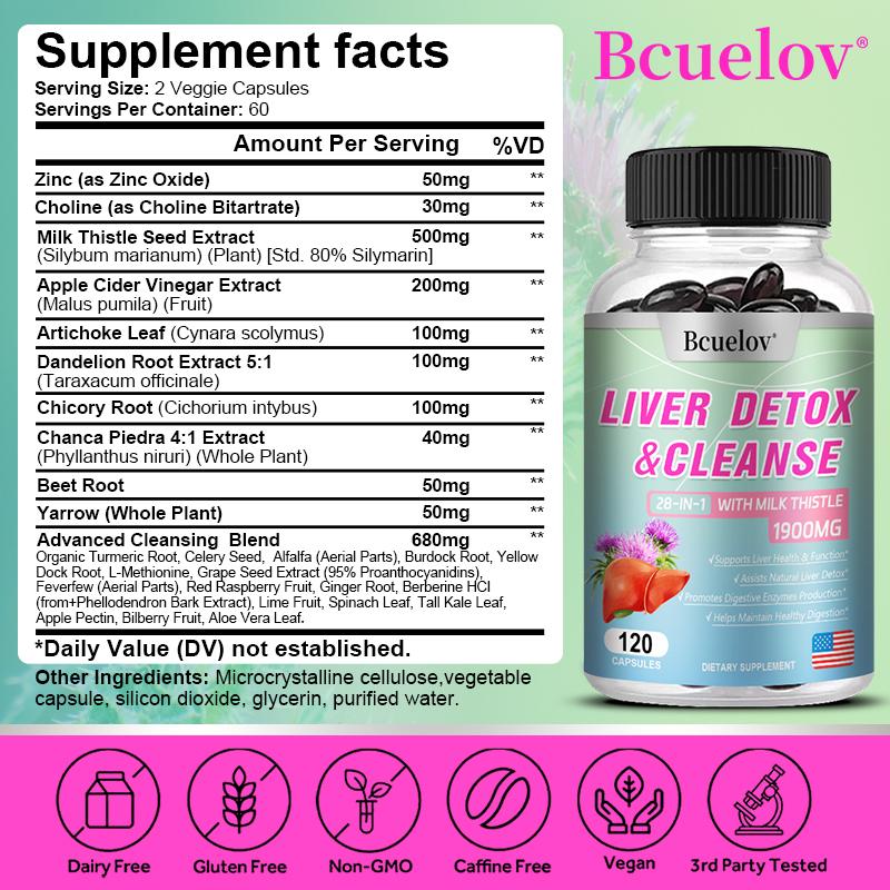 Bcuelov28 in 1 Liver Detoxification Capsule 1900mg contains Milk Thistle Grass, which protects liver health and promotes digestion with 120 capsules