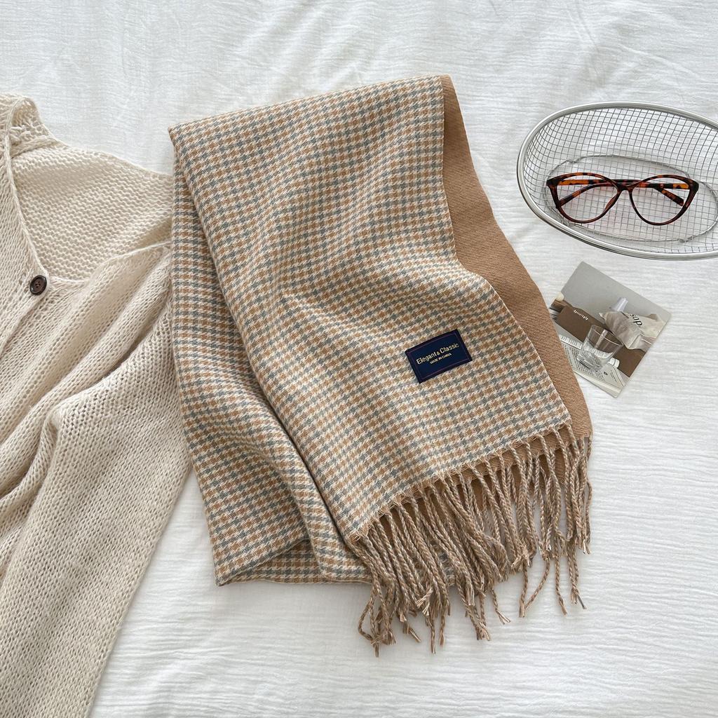 Women'S Imitation Cashmere Retro Houndstooth Knit Scarf Headscarf Casual Tassel Scarve Ladies Mujer Wrap Shawl Winter New Korean