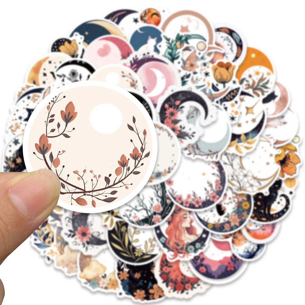 50Pcs Art Flowers Moon Cat Vintage Stickers Aesthetic Retro Boho Cartoon Decal For Refrigerator Scrapbooking Notebook Sticker