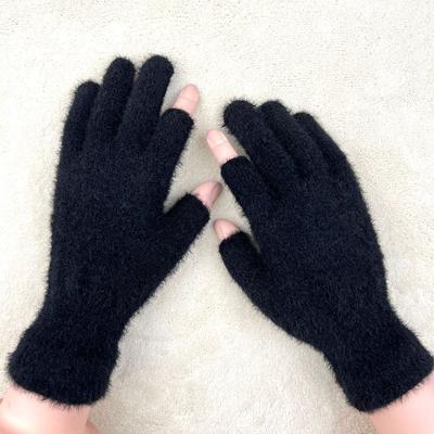 Dew Two-Finger Gloves Women'S Autumn Imitation Mink Velvet Thickened Warm Solid Color Office Homework Half-Finger Student