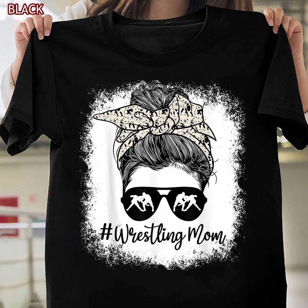 Bleached Life Wrestling Mom Leopard Messy Bun Glasses T-shirt for Women, Mothers