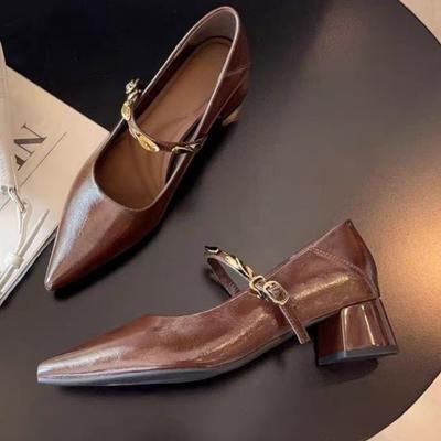 Metallschnalle Einriemen Blockabsatz Einzelne Schuhe Herbst Neu Spitzschuh Flachmaul Rutschfest Kitten Heel Schuhe