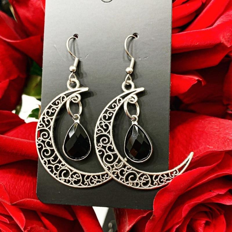 Gothic Alloy, Blood Moon Earrings, Blood, Handmade, Crescent Moon, Blood Drop, Poison, Rhinestone Earrings, Moon