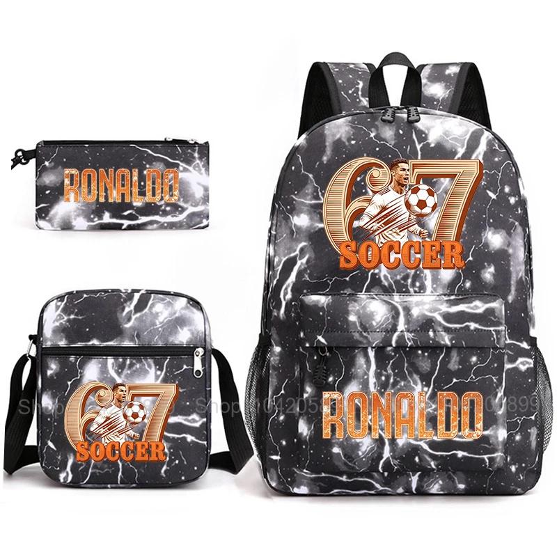 CR7 Ronaldo Backpack Football 67 Print School Bag With Shoulder Bag & Pencil Case For Student Boys Gift Daily Travel Rucksack