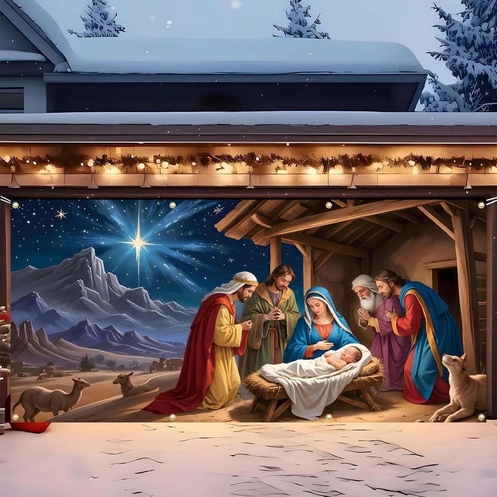 Large Christmas Jesus garage background banner religious scene background blue starry sky decorationzyc