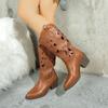 Fashion Casual Hollow Out Mid Calf Western Cowboy Boots Women 2025 Pointed Toe Medium Heel Riding Boots Fashion Music Festival Shoes