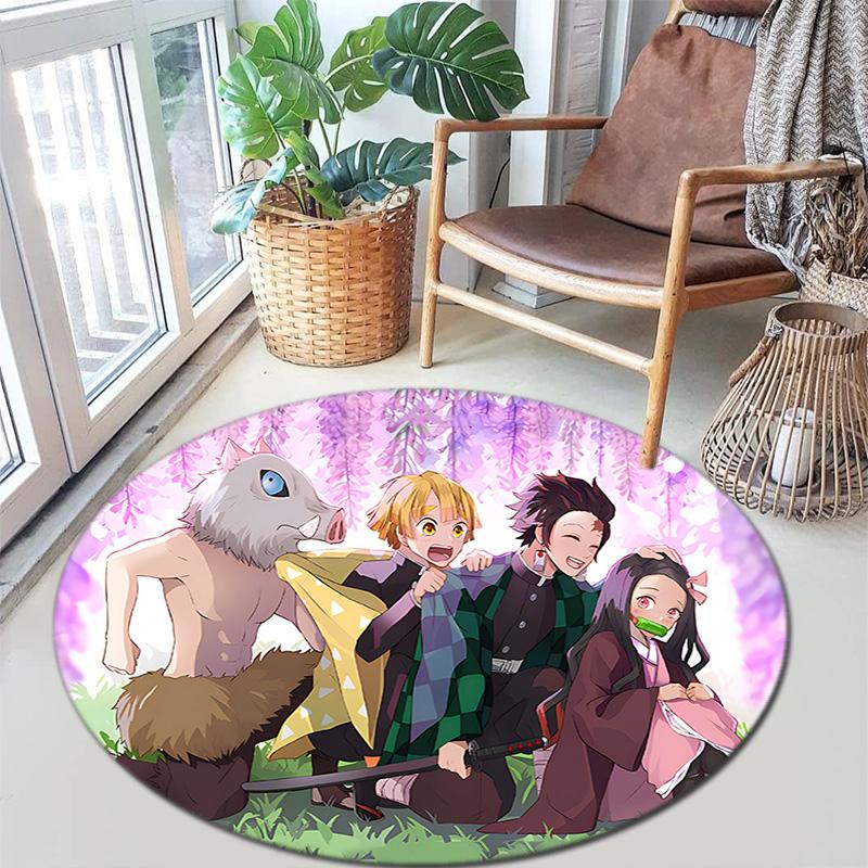 Classic Japanese-style Cartoon Demon Slayer Round Rug, Home Soft Decorative Anti-slip Yoga Mat and Chair Mat, Outdoor Floor Mat Carpet K12