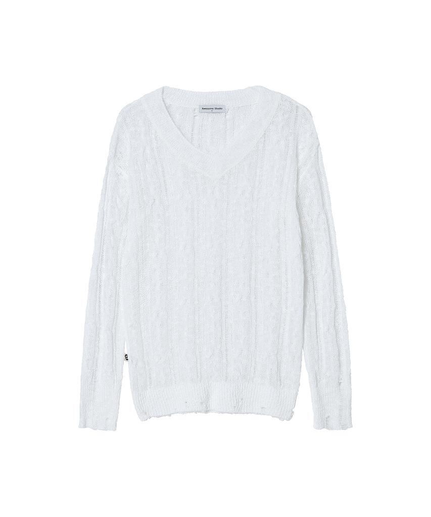 AWESOME STUDIO Distressed See-Through Long Sleeve Knit White