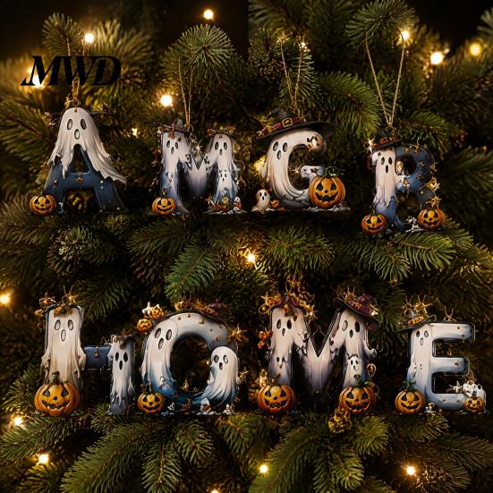 Creative Photo Prop Wall Decorations Halloween Letter Ornament, Spooky Hanging Wooden Alphabet Letters Pendant with Ghost Holiday Scenery for