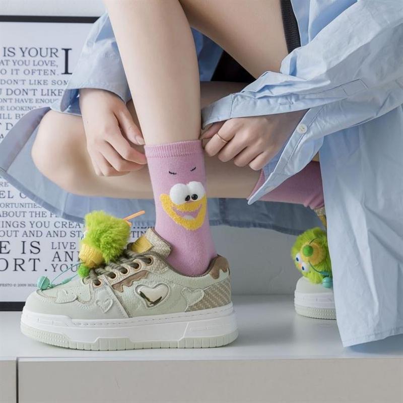 3 Pairs Women's Spring Summer New Cotton Socks Cute Cartoon Ugly Cute Little Eyes MidTube Pile Pile Socks Sweet Style Kawaii