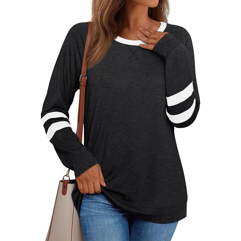 Camiseta Casual Feminina Manga Longa Gola Redonda Patchwork Color Block
